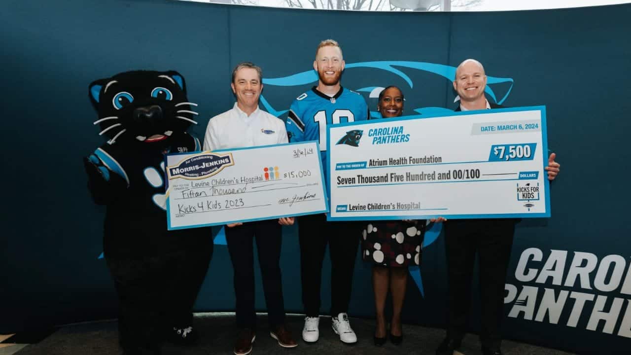 Featured image for “Morris-Jenkins, Panthers celebrate fourth annual Kicks for Kids community initiative at Atrium Health Levine Children’s Hospital”